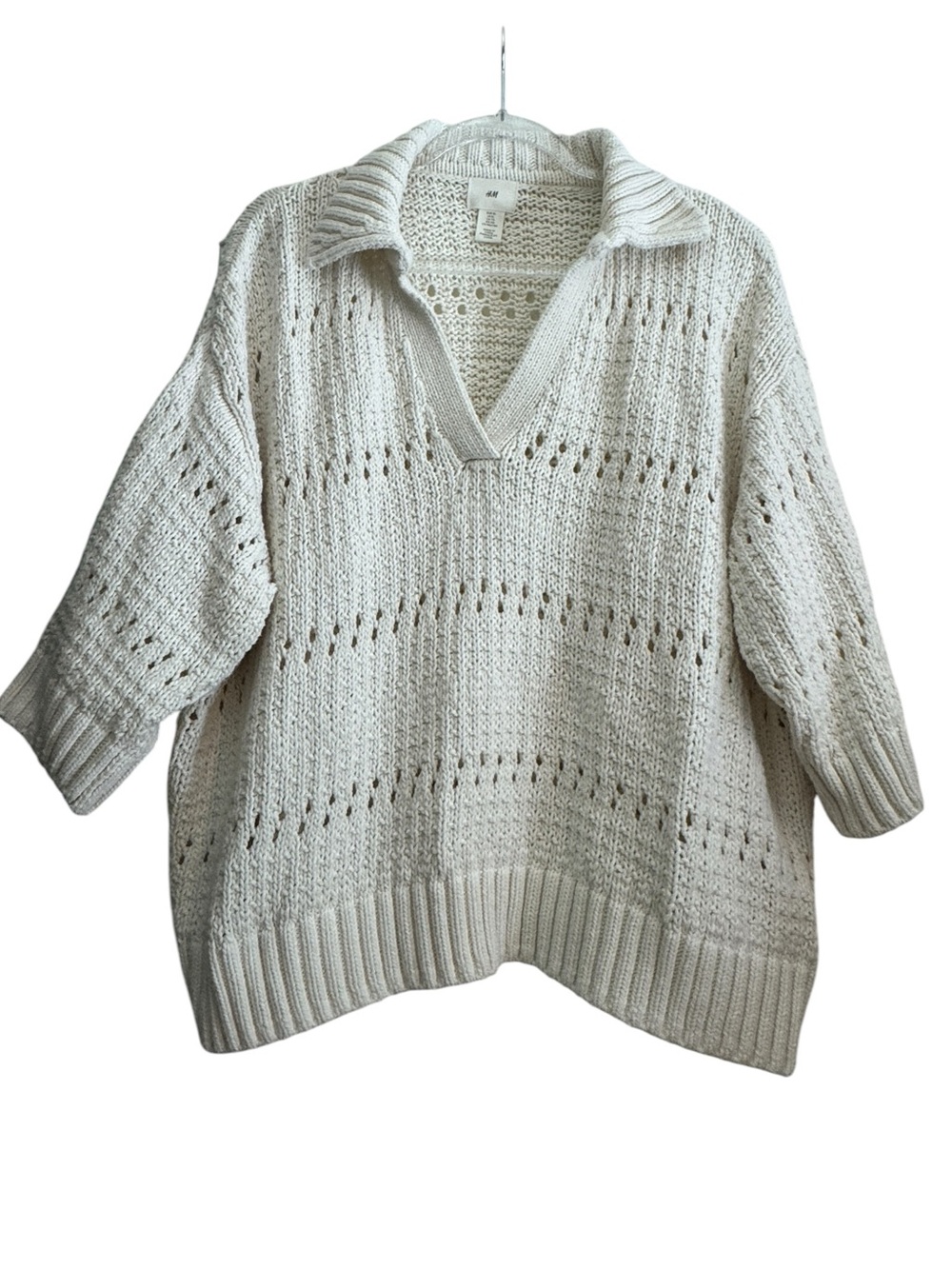 H&M Cream Pointelle Knit V-Neck Collared Sweater Size XL